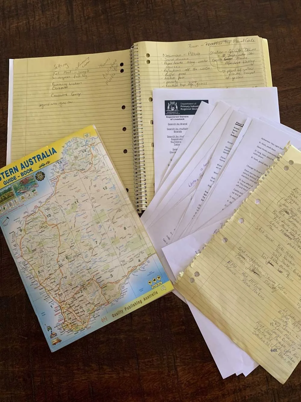 Pages and pages of notes, a notebook and a map of Western Australia