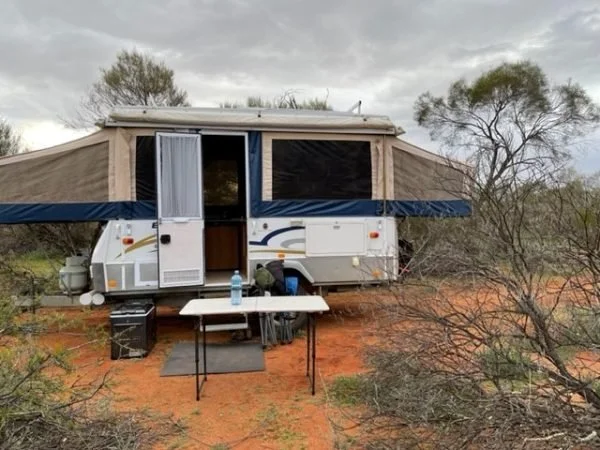 A camper caravan set up