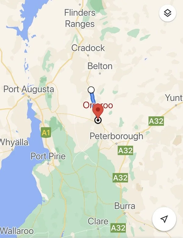 a map the shows the distance from Orroroo to Carrieton