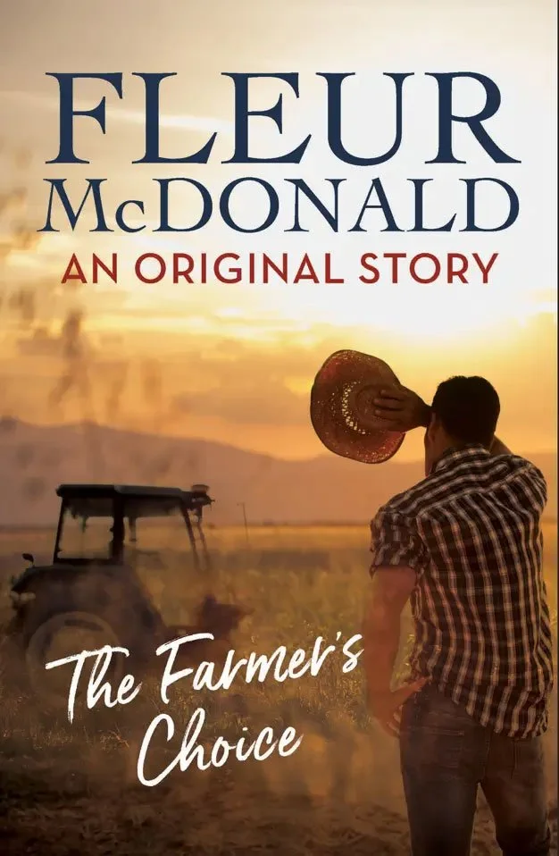 eBook cover for The Farmer's Choice. A man stands on a farm, his hat off in his hand as he wipes his brow.