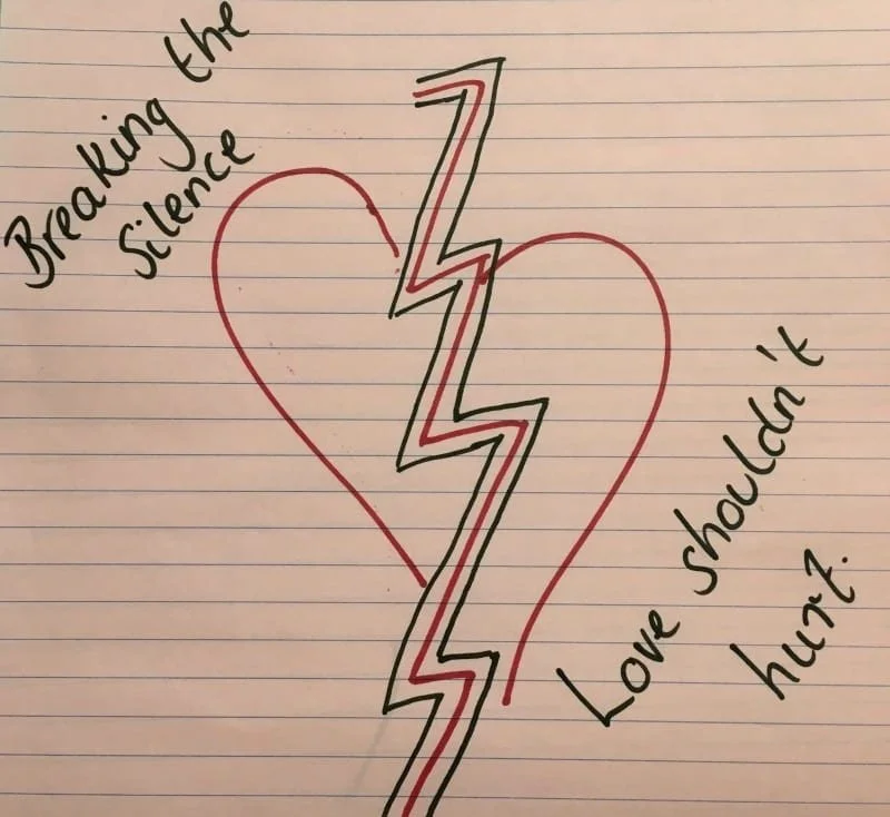 A drawn heart on paper with a break down the middle. Text: Breaking the silence. Love shouldn't hurt.