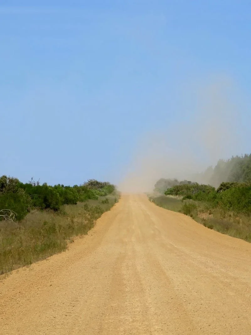 A dirt road meets a blue sky. The road has dust flying up