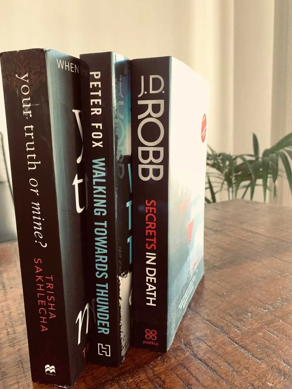 Three books standing up, spines out, on a desk