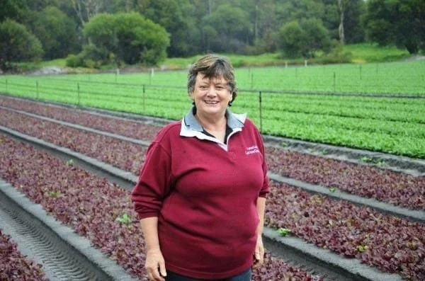 A woman stands smiling in front of red lettuce seedlings