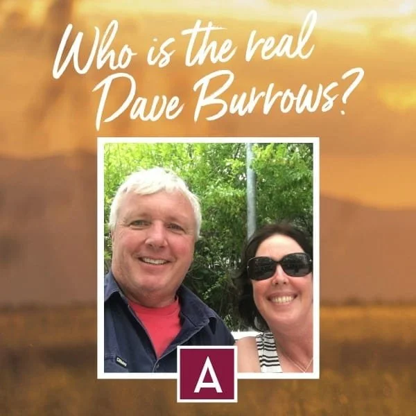 Text: Who is the real Dave Burrows? Image of Fleur smiling next to a gent with light hair