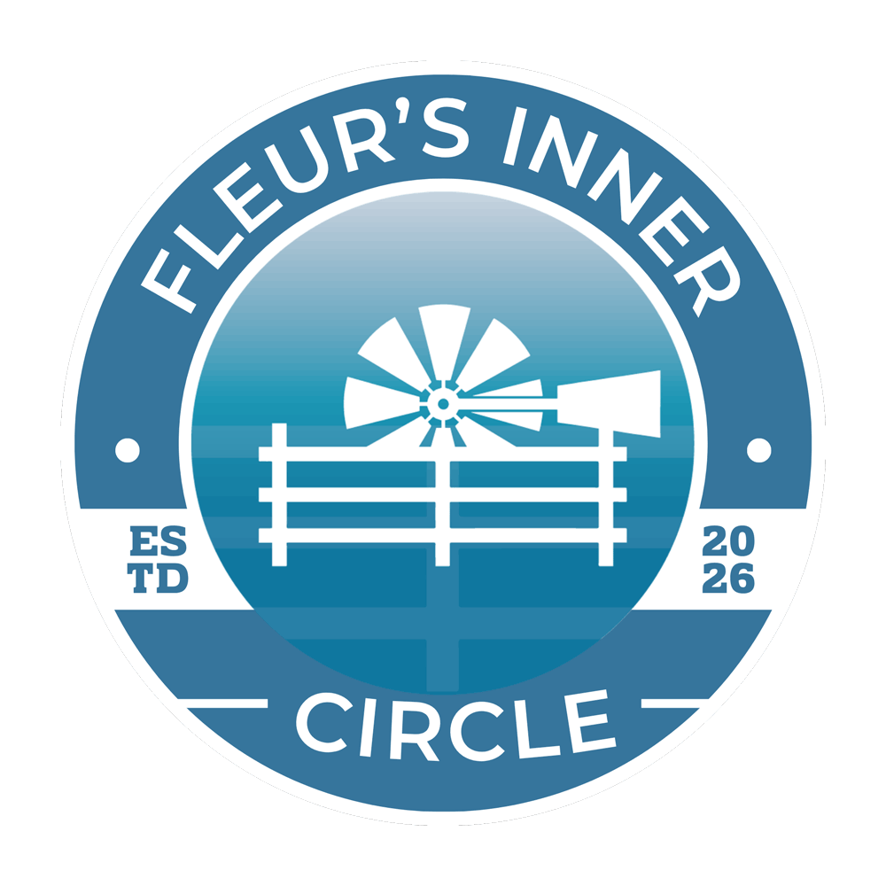 Text: Fleur's Inner Circle ESTD 2026. Blue logo with a white fence and windmill in the middle
