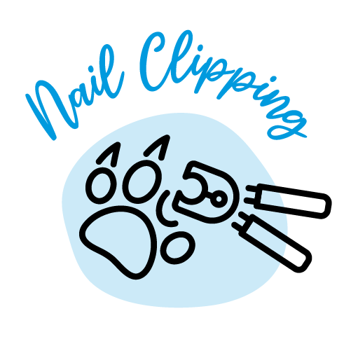 Logo with blue paw print and nail clipper illustration, with the text 'Nail Clipping' in blue cursive above the paw.