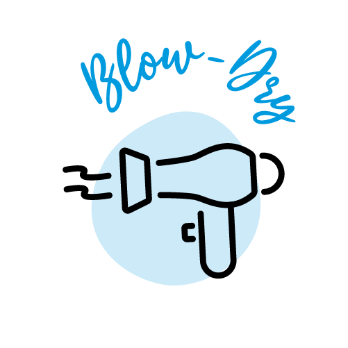 Graphic design with a hairdryer icon inside a blue circle and the words 'Blow-Dry' written above in blue script.