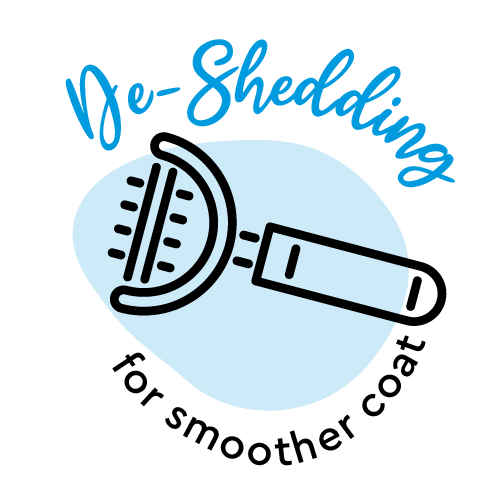 A logo with the words 'De-Sheading' in blue cursive font and 'for smoother coat' in black text, featuring a blue oval and a depiction of a shedding blade.