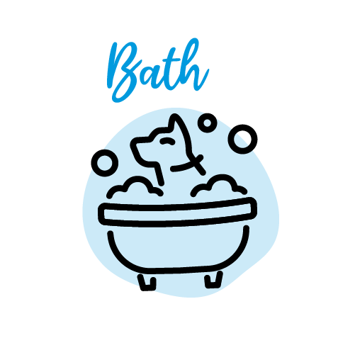 A blue and black graphic with the word 'Bath' written above a drawing of a dog relaxing in a bathtub, with bubbles around the dog.