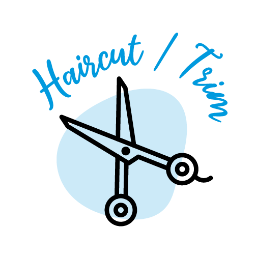 A logo with a black background, featuring a blue circle with scissors cutting a strand of hair and the text 'Haircut / Trim' written in blue around the circle.