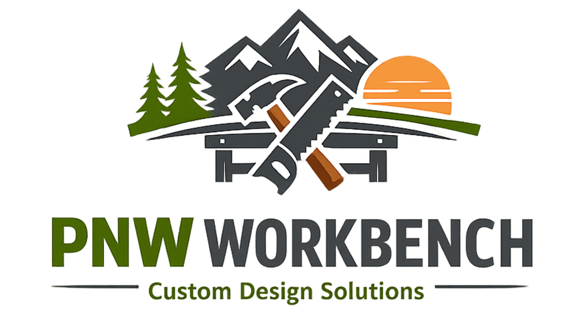 Logo for PN W Workbench featuring a mountain, pine trees, saw, hammer, and sun with the text 'PN W WORKBENCH' and the tagline 'Custom Design Solutions'.