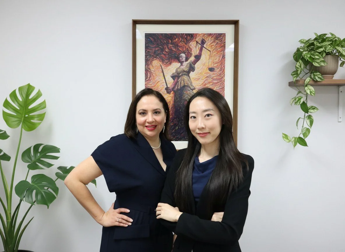Two lawyers, Claudia Sanchez and Ha Yeon Seo, of North Melbourne standing in front of a framed picture of Lady Justice, with plants on either side of them.