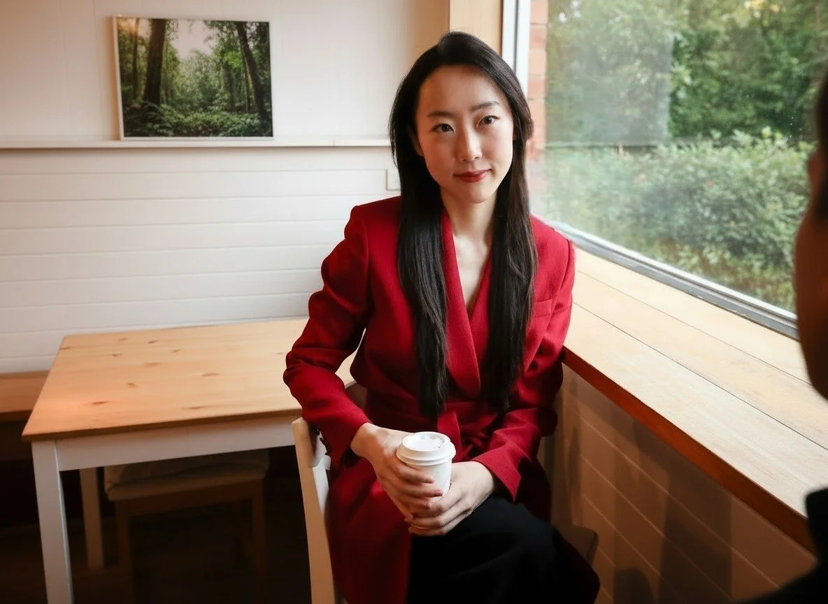 Family Lawyer, Ha Yeon Seo, wearing a red blazer sitting by a window in a cafe, holding a paper coffee cup, talking to a client.