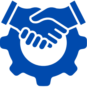 Illustration of two hands shaking above a gear, symbolizing partnership or collaboration in a technical or industrial context.