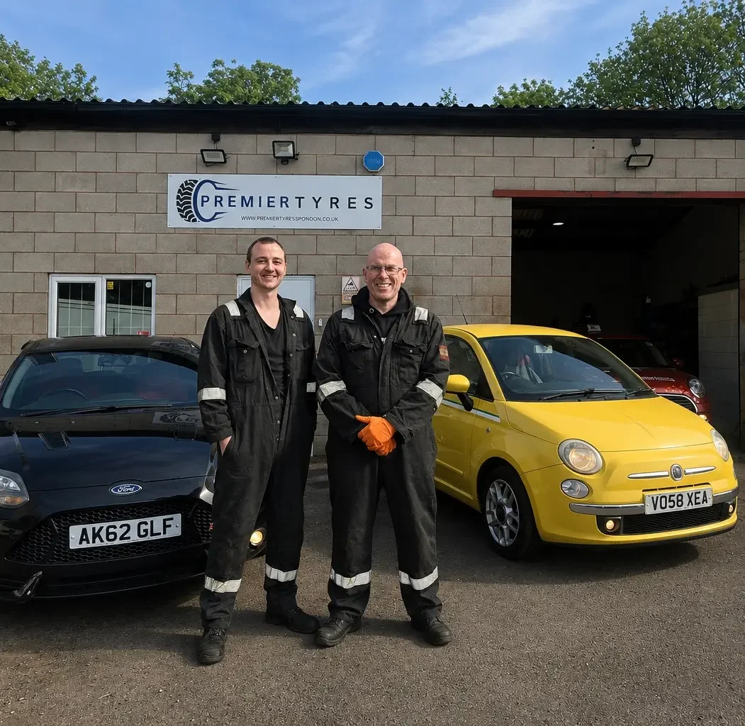 James and the Premier Tyres Spondon team outside their independent garage in Derby