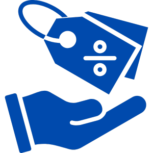 A blue hand holding two blue shopping tags, one with a loop and the other with a percent sign.