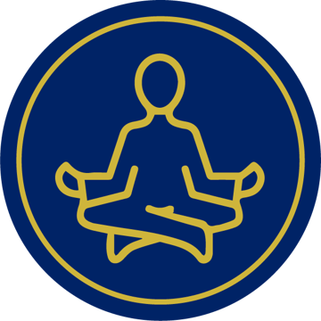 A yellow outline of a person in a meditative pose sitting cross-legged with a meditation stick, inside a yellow circle on a blue background.