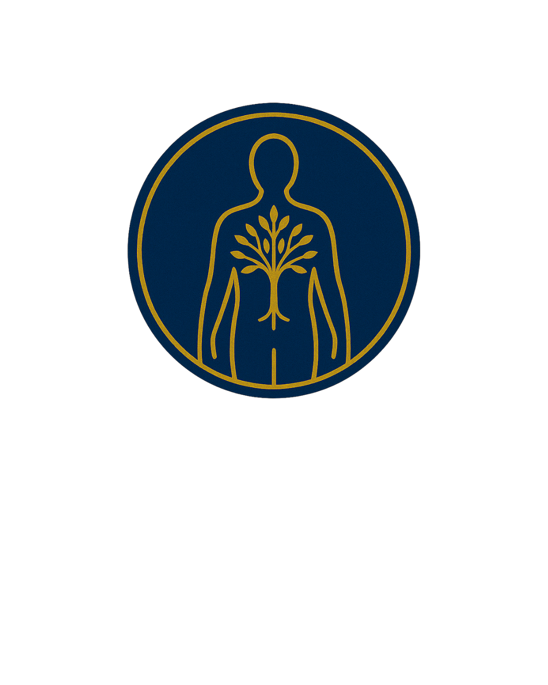 A logo with a blue circle featuring a golden outline of a human figure with a tree growing inside it, against a black background.