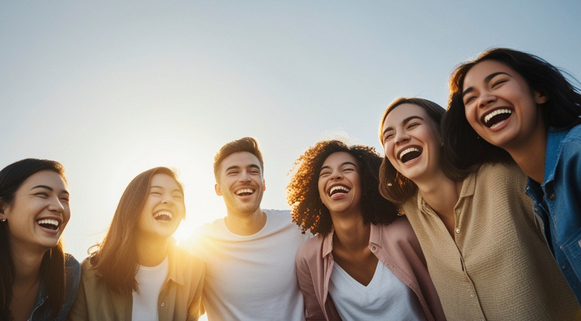 Group of six diverse young adults smiling and laughing outdoors during sunset.