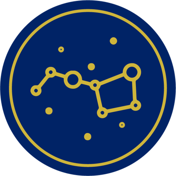 A depiction of the constellation Leo within a circular border on a dark background.