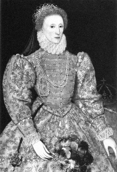 A black and white portrait of a woman in historical clothing with a ruffled collar, ornate dress, and jewelry, holding a feathered fan or object.