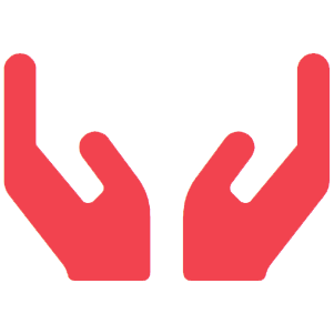 Two stylized red hands with fingers pointing inward and thumbs extended outward, forming a symmetrical shape.