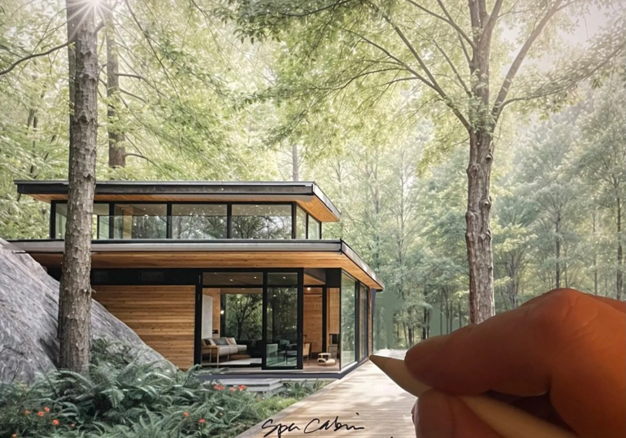 Modern two-story glass house with wooden exterior walls, nestled among tall trees in a lush forest setting. The house features large windows and an outdoor patio area, seen from a hand holding a piece of the same wood material. The scene is bright and serene with greenery and natural elements surrounding the house.
