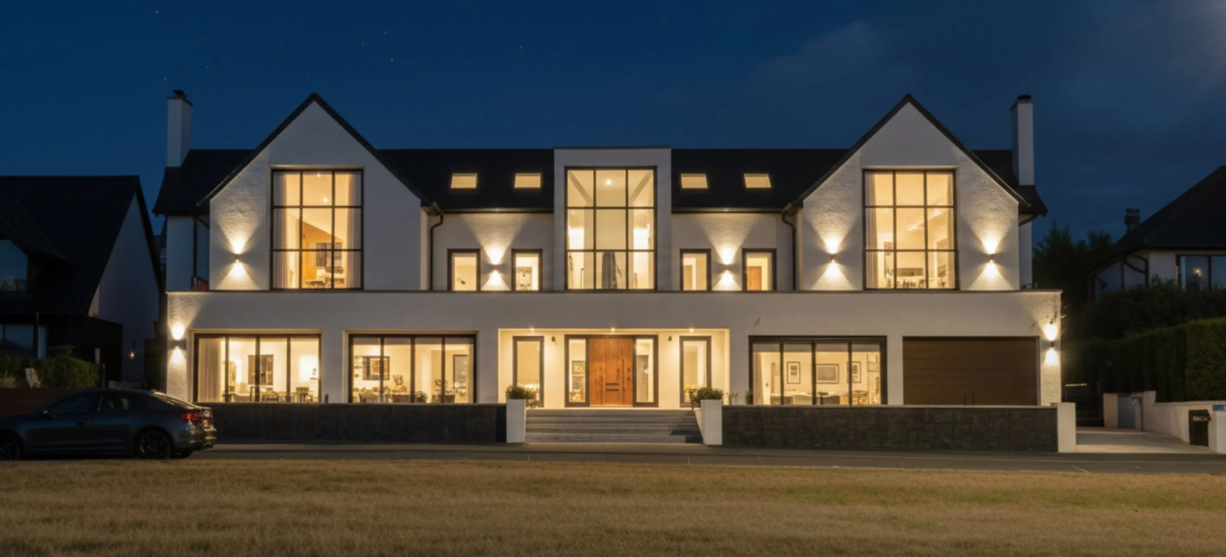 Modern multi-story house at night with large illuminated windows and a garage, situated in a suburban neighborhood.