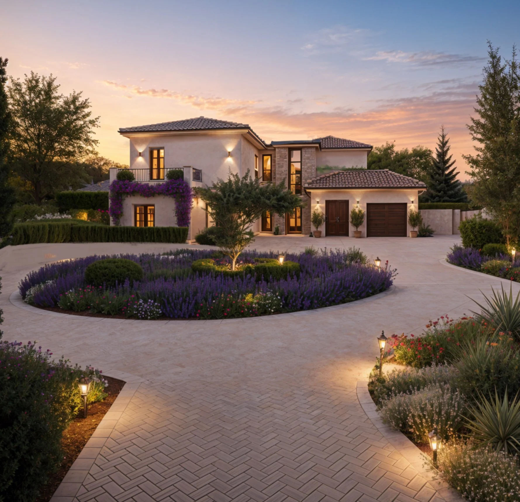 Luxury white house at sunset with well-maintained front yard, circular flower beds filled with purple and green plants, and a paved driveway, illuminated by outdoor lamps.