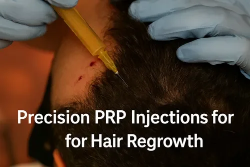 Close-up of a person receiving a PRP injection in the scalp for hair regrowth, with medical gloves and a syringe.