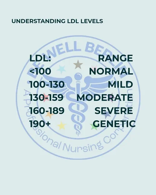 A chart explaining cholesterol LDL levels with ranges, levels, and descriptions: less than 100 is normal, 100-130 mild, 130-159 moderate, 160-189 severe, and 190+ genetic. The background includes a faint logo of the Nell Bell Professional Nursing.