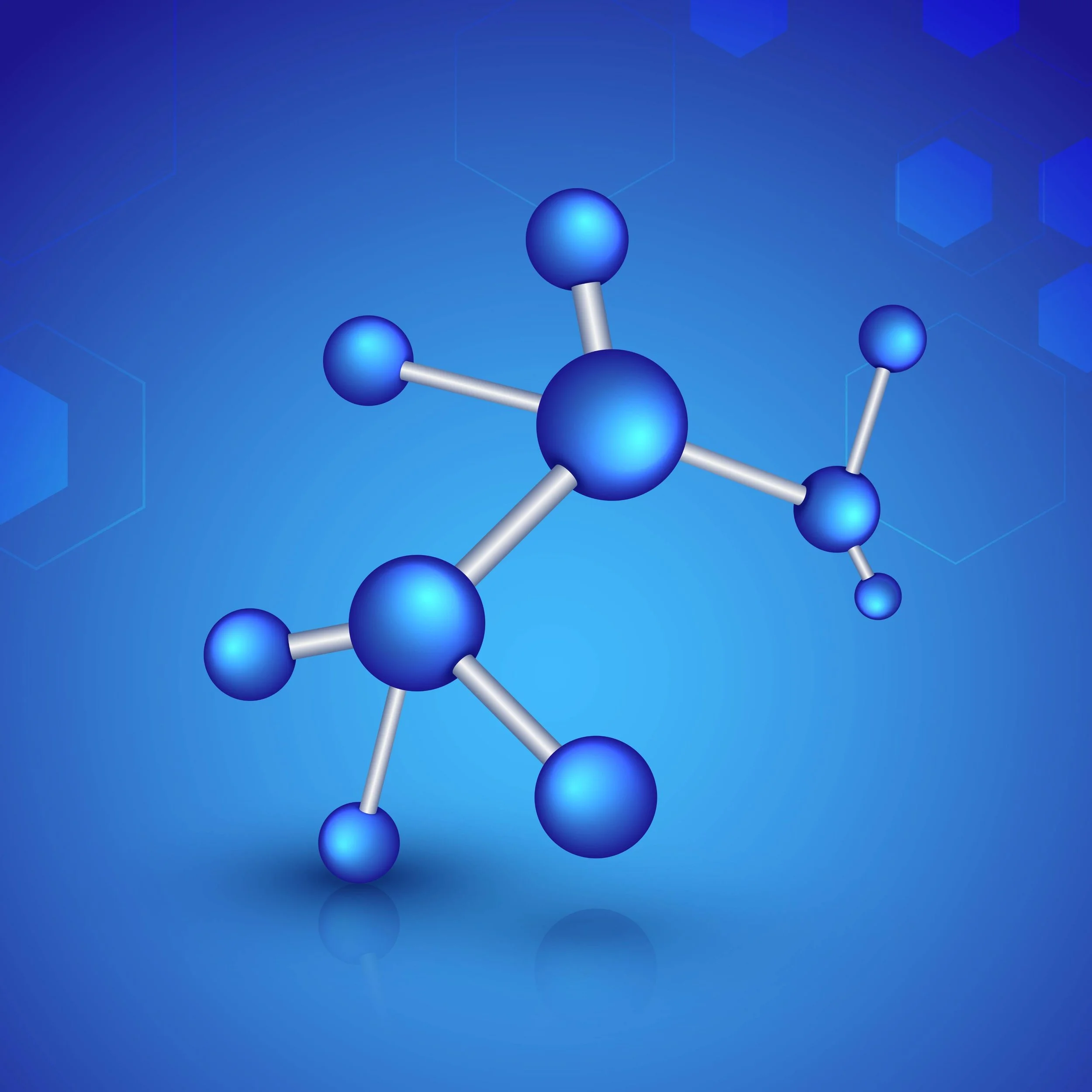 3D molecular model with blue spheres representing atoms connected by gray rods representing bonds, set against a blue hexagonal patterned background.