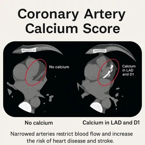 Diagram showing coronary artery calcium score, with one image indicating no calcium and another showing calcium in LAD and D1 arteries, to illustrate how calcium in arteries restricts blood flow and increases heart disease and stroke risk.