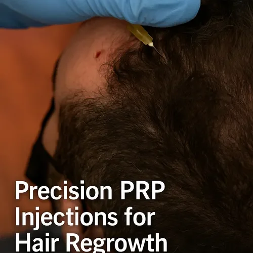 Close-up of a person's scalp with a small visible wound being treated with a syringe for hair regrowth treatment.