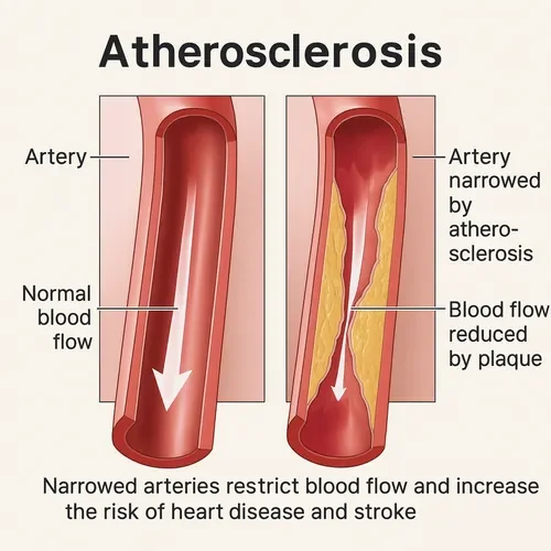 Comparison of a healthy artery with an artery affected by atherosclerosis, showing narrowed artery and reduced blood flow.