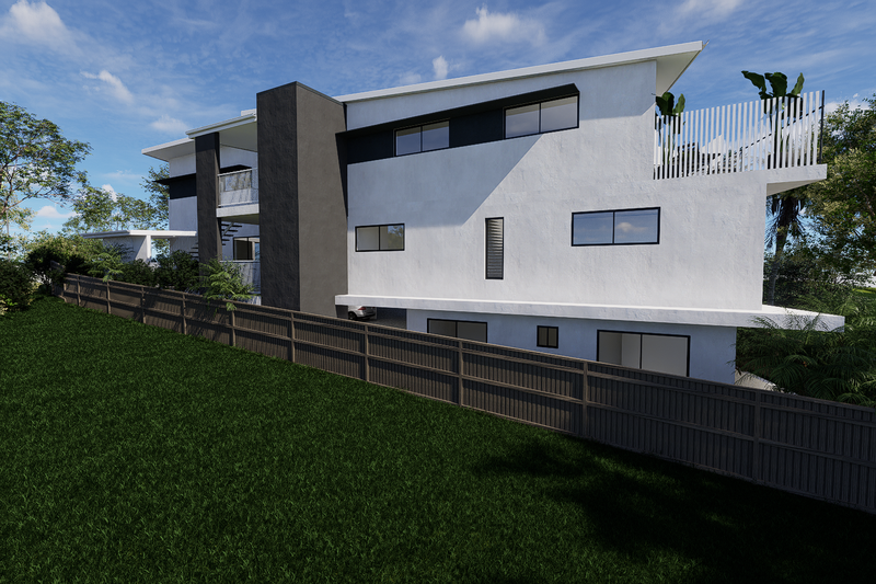 Modern multi-story house with white and dark exterior walls, large windows, and a sloped roof, surrounded by green grass and trees under a blue sky.