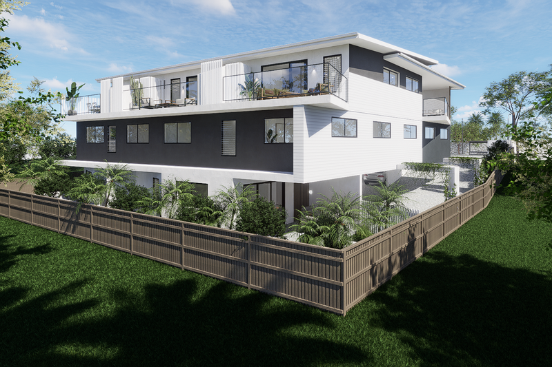 Modern three-story house with white and dark gray exterior, balcony spaces, surrounded by greenery and a wooden fence.
