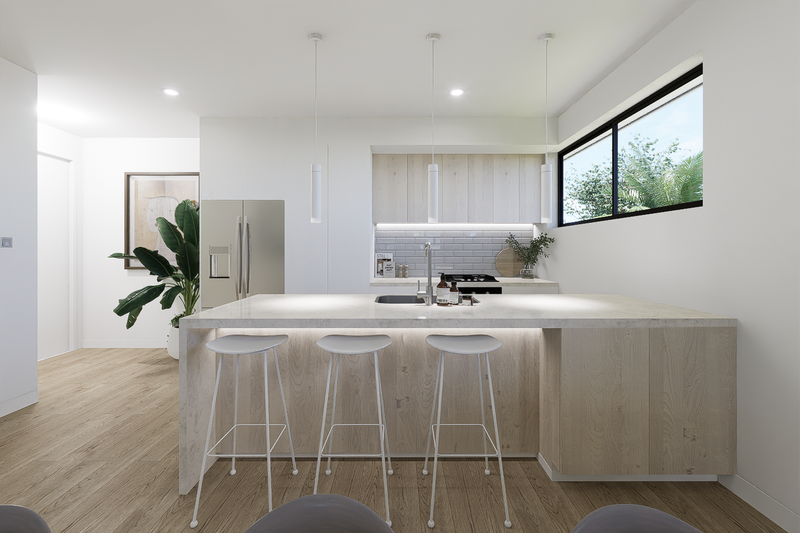 Modern kitchen with island, three white bar stools, large window, white cabinets, gray backsplash, stainless steel refrigerator, potted plant, and minimalist decor.