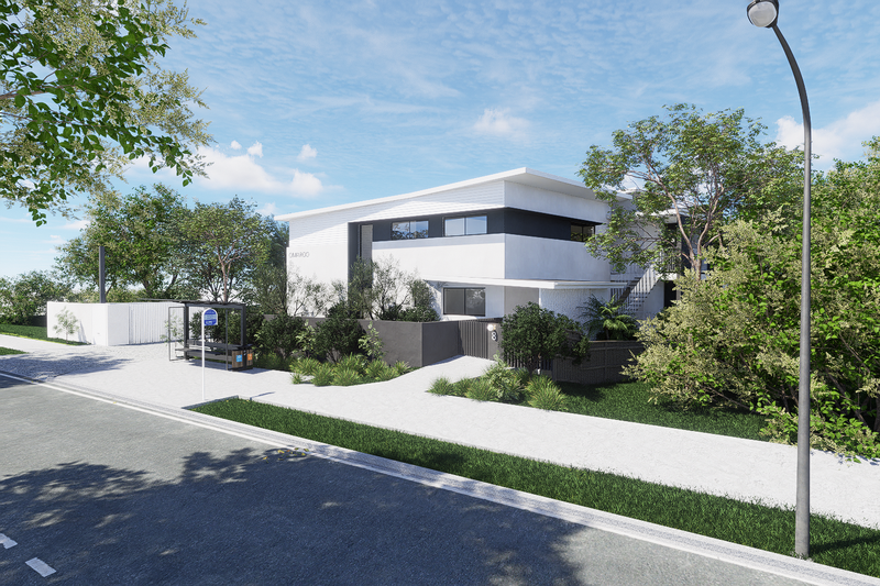 Modern two-story house with white and dark gray exterior, surrounded by greenery and trees, along a paved road with a street lamp.
