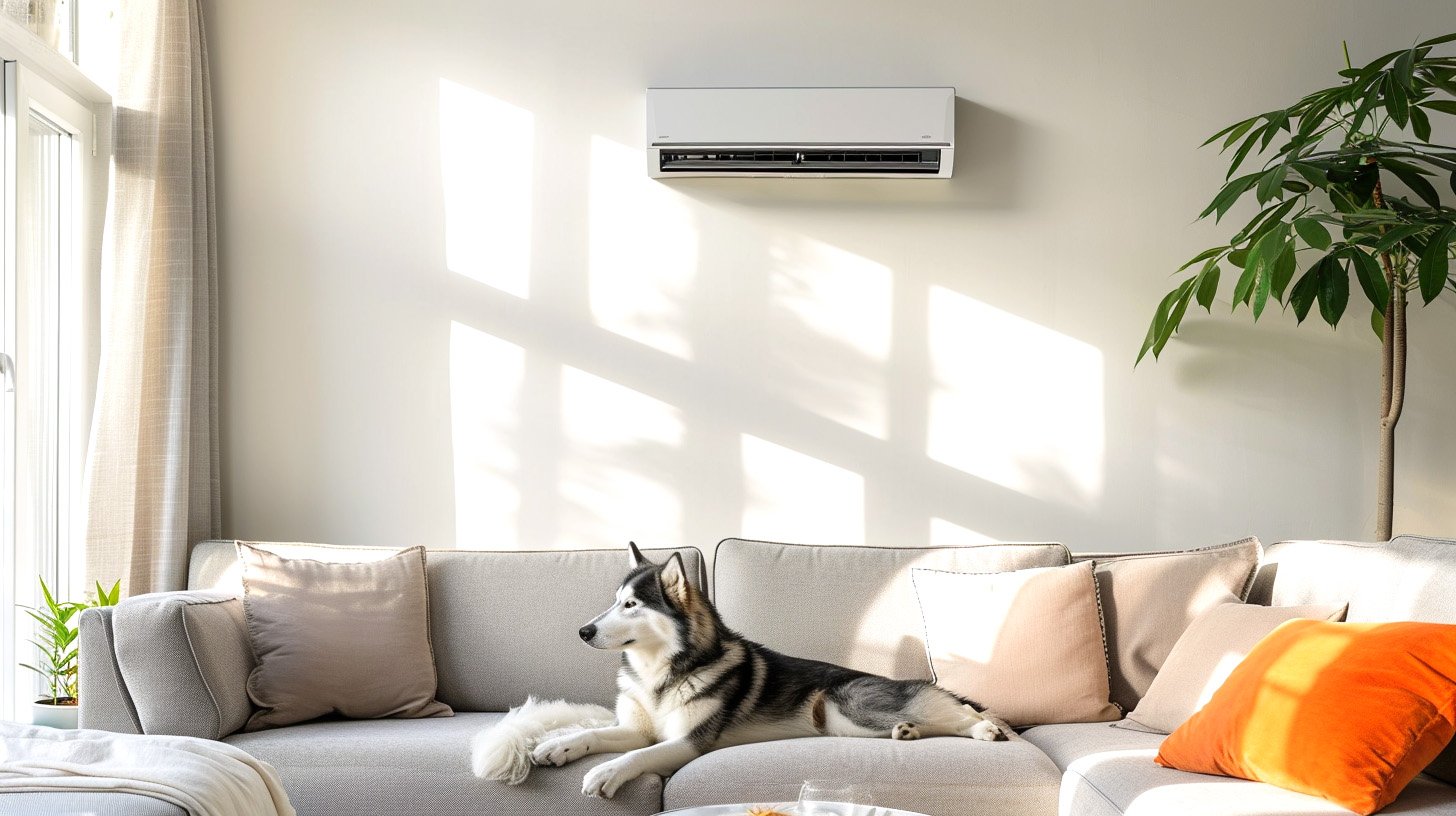 Living room with a Siberian Husky dog lying on a light gray sofa, decorative pillows, a potted plant nearby, and an air conditioning unit on the wall with sunlight streaming through window