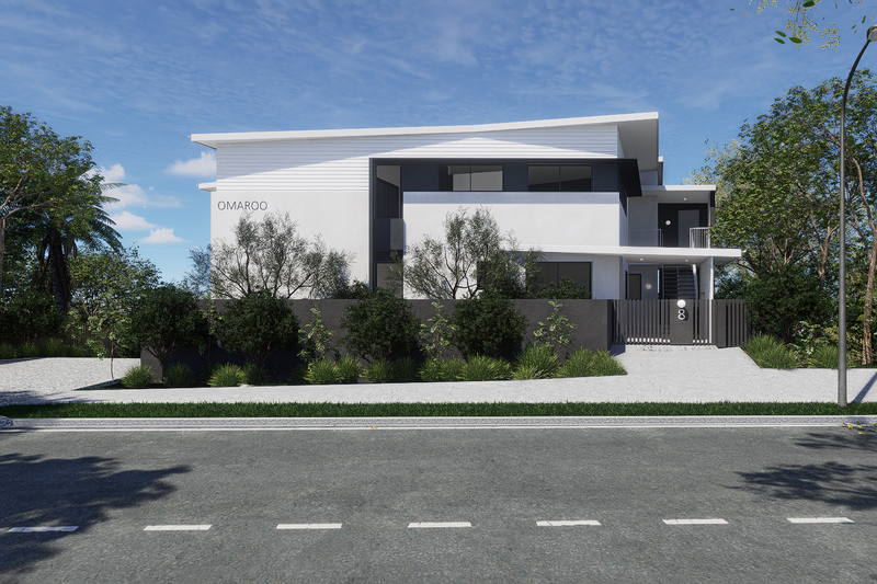 Modern two-story house with white and black exterior, surrounded by greenery and a sidewalk, under a blue sky.