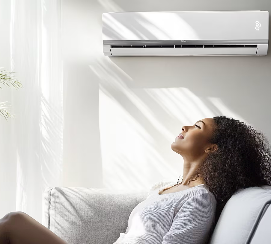 A woman relaxing on a sofa with sunlight streaming in and an air conditioner mounted on the wall.