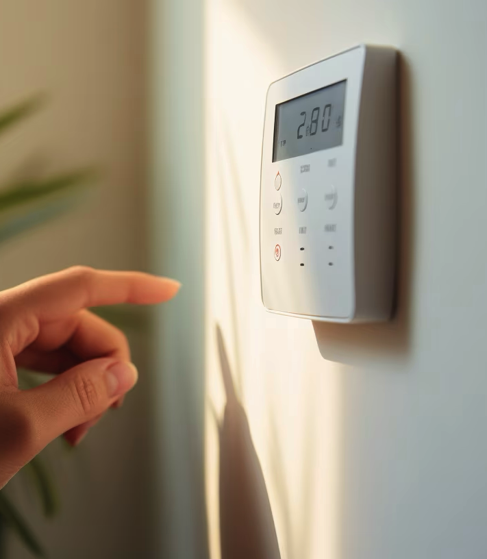 Close-up of a hand adjusting a thermostat on a wall, with the thermostat displaying 28.0 degrees Celsius.