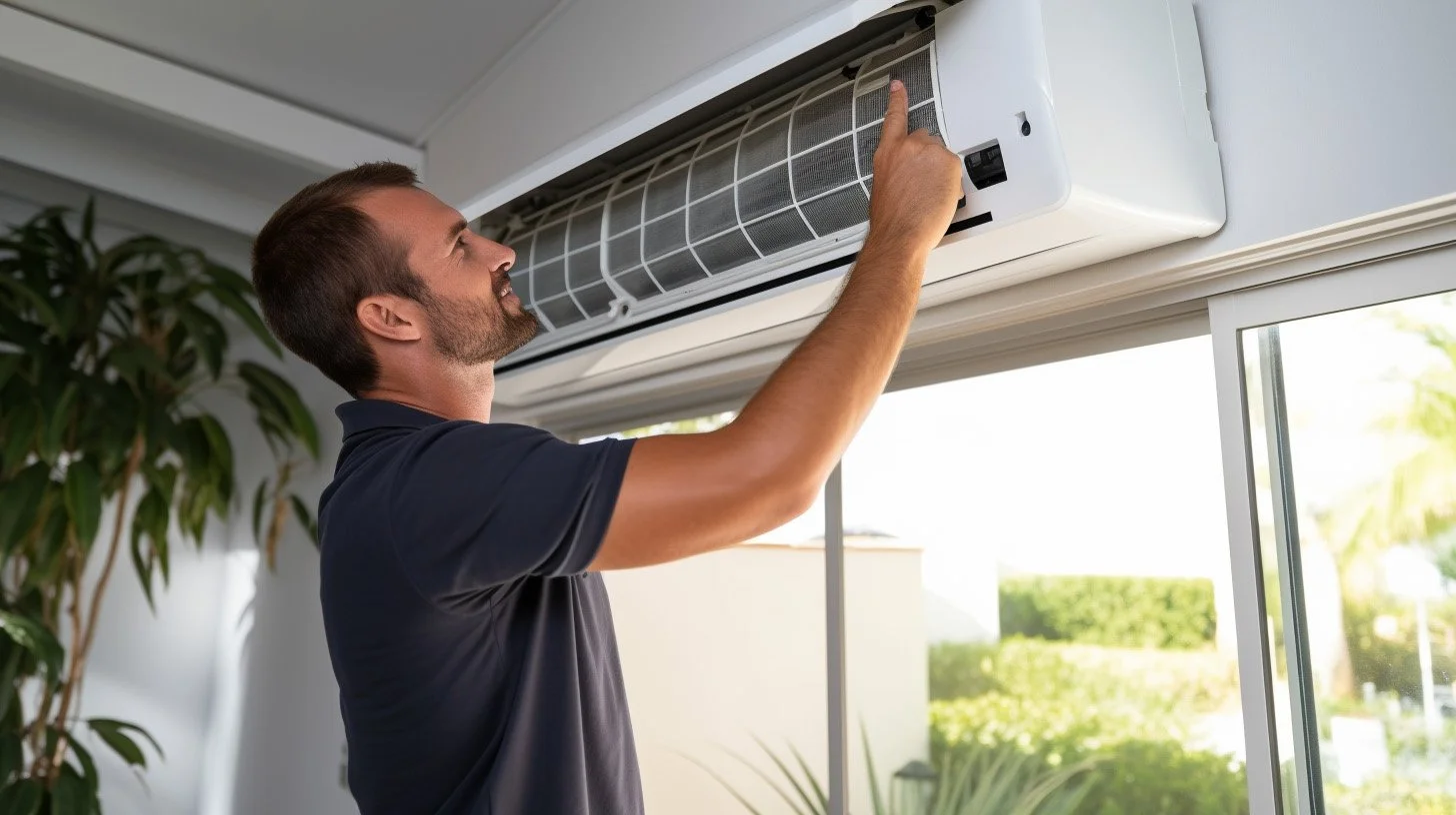A man adjusting a wall-mounted air conditioning unit above a window in a bright room.