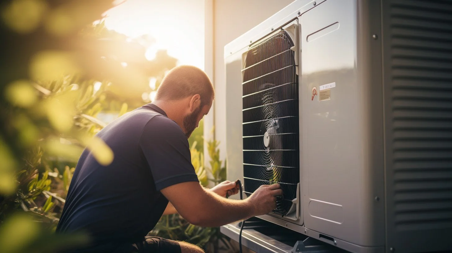 Man repairing or installing an air conditioning unit outside on a sunny day.