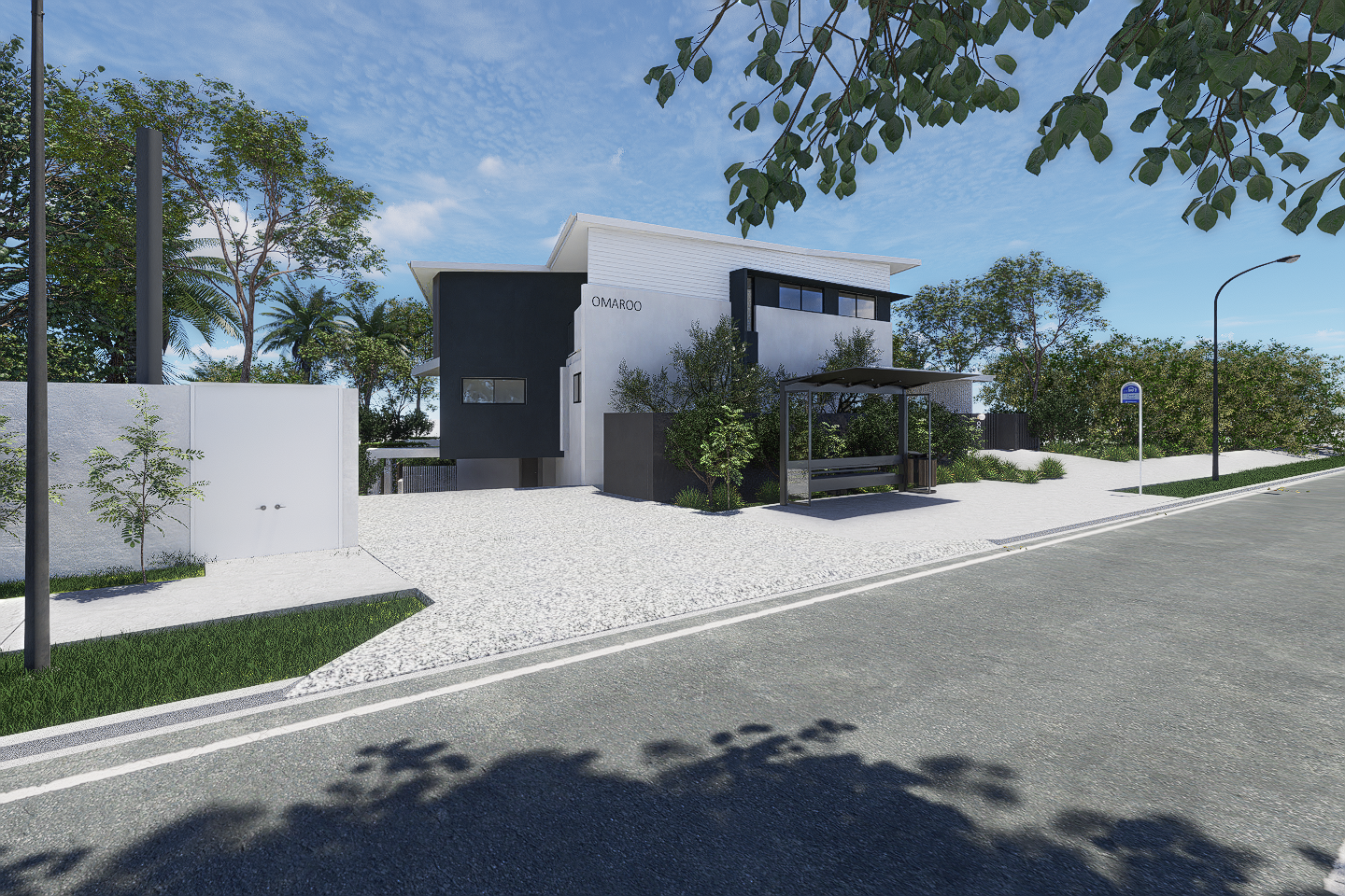 Modern two-story house with white and black exterior, surrounded by landscaped greenery, located along a street with a bus stop and lampposts, under a partly cloudy blue sky.