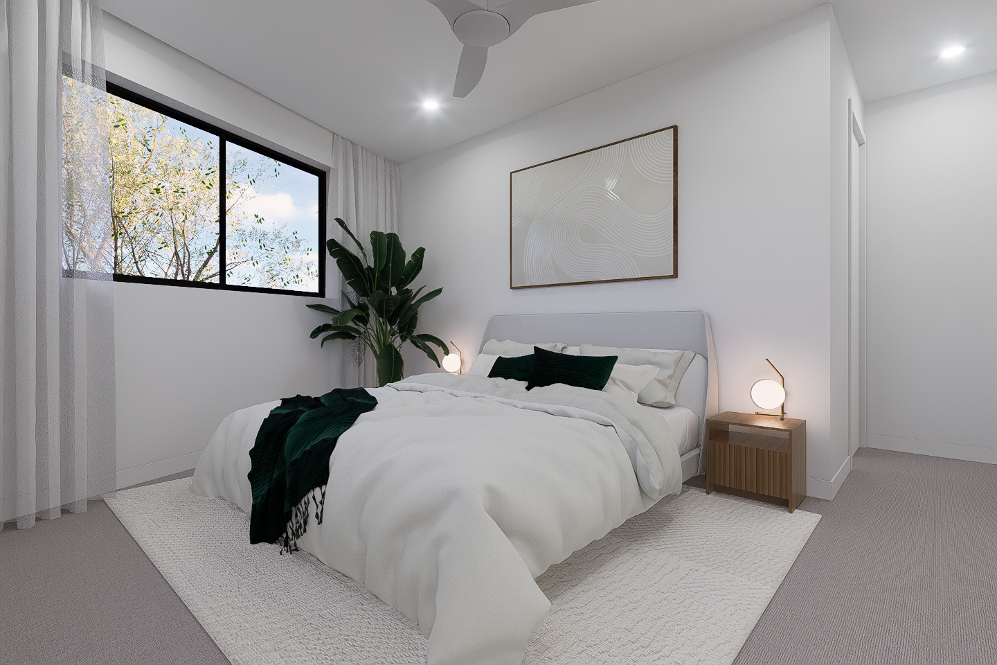 Modern bedroom with white walls, a large window with sheer curtains, a bed with white bedding and black pillows, a wooden nightstand with a round lamp, a large abstract art piece above the bed, and a green plant in the corner.