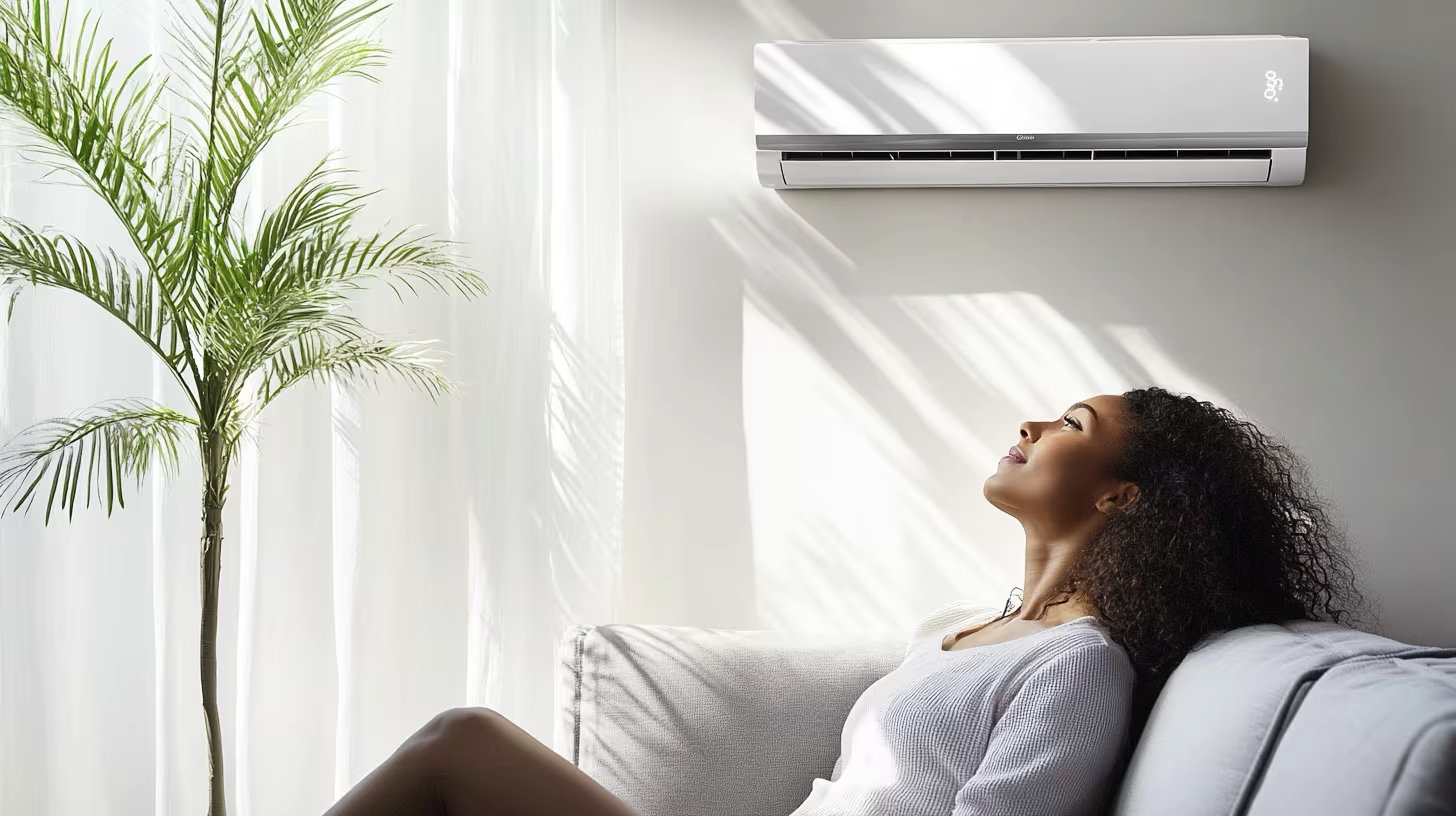 Woman relaxing on a couch in a bright, airy living room with an air conditioner mounted on the wall and a tall potted plant beside her.