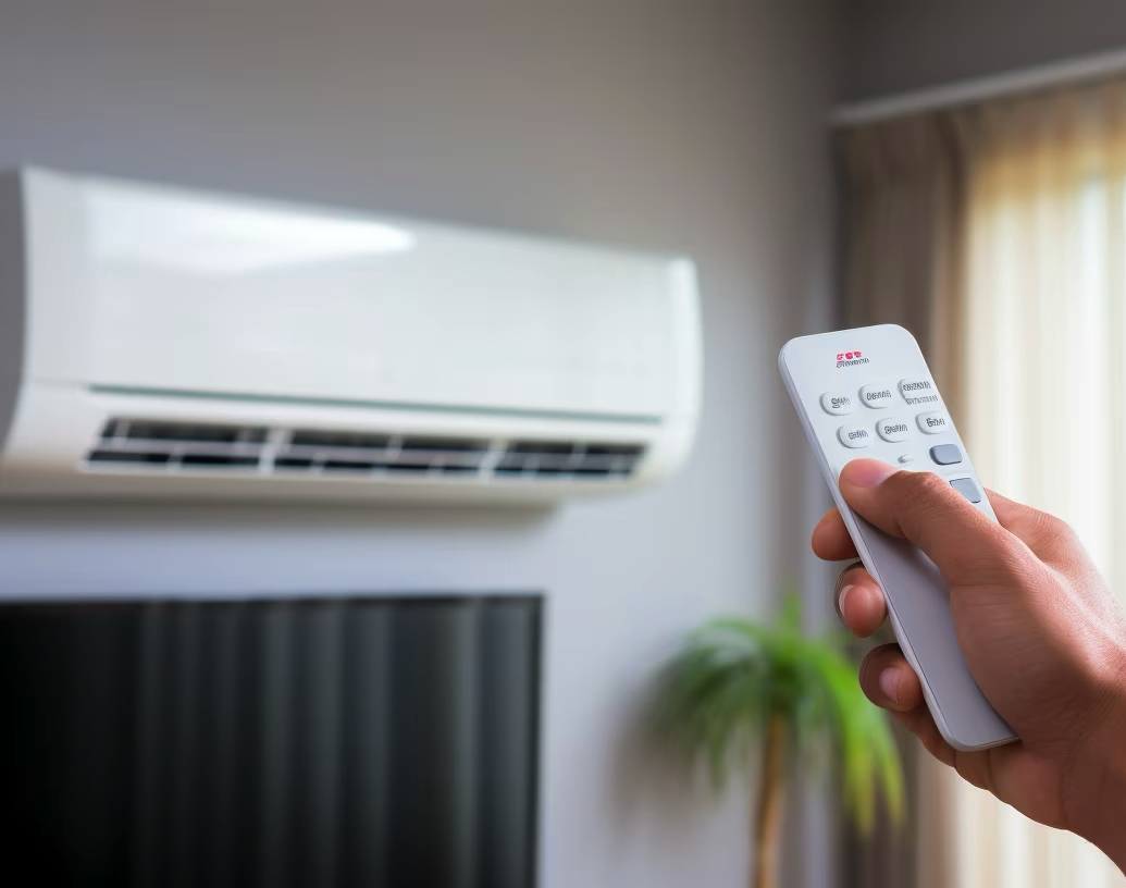 A person holding a remote control pointed at a wall-mounted air conditioning unit in a living room with a window, curtain, and potted plant in the background.